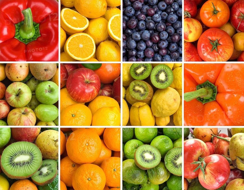 Food collage of various biological and organic fruits and vegetables, fresh healthy lifestyle, with a variety of vitamins, citrus fruits, green and red organic vegetables, kiwi, bananas, apple, avocados, tomatoes and green salad, symbolic background illustration for banner, template or wallpaper, AI generated