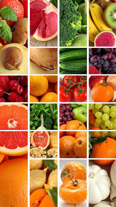 Food collage of various biological and organic fruits and vegetables, fresh healthy lifestyle, with a variety of vitamins, citrus fruits, green and red organic vegetables, kiwi, bananas, apple, avocados, tomatoes and green salad, symbolic background illustration for banner, template or wallpaper, AI generated