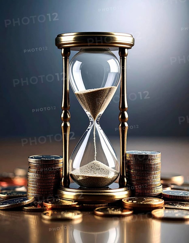 Hourglass and stacked golden coins, illustrating currency fluctuation and time impact commodities value, symbolizing fluctuating finance market changes, business setting, glass with sand on wooden table in the office, blurred background, wallpaper illustration, AI generated