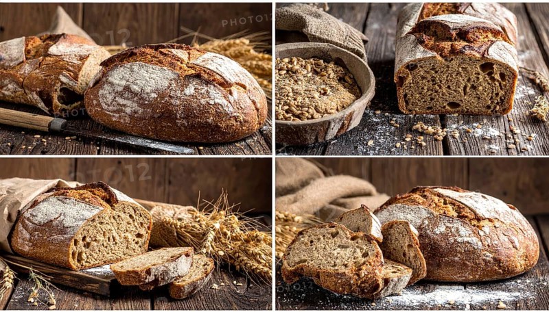 Collage of rustic loaf of whole grain bread, bread on dark rustic wooden table, great variety of grain and whole wheat bread, illustration wallpaper for bakery and healthy food lifestyle, AI generated