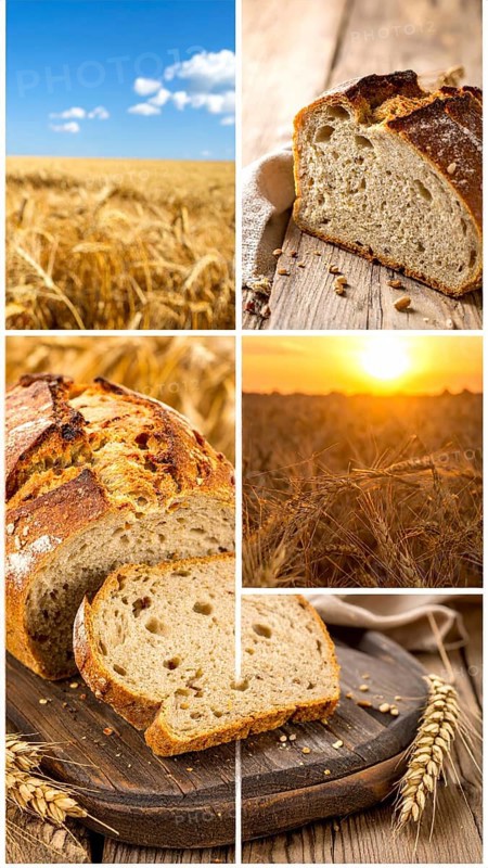 Collage of rustic loaf of whole grain bread, bread on dark rustic wooden table, great variety of grain and whole wheat bread, illustration wallpaper for bakery and healthy food lifestyle, AI generated