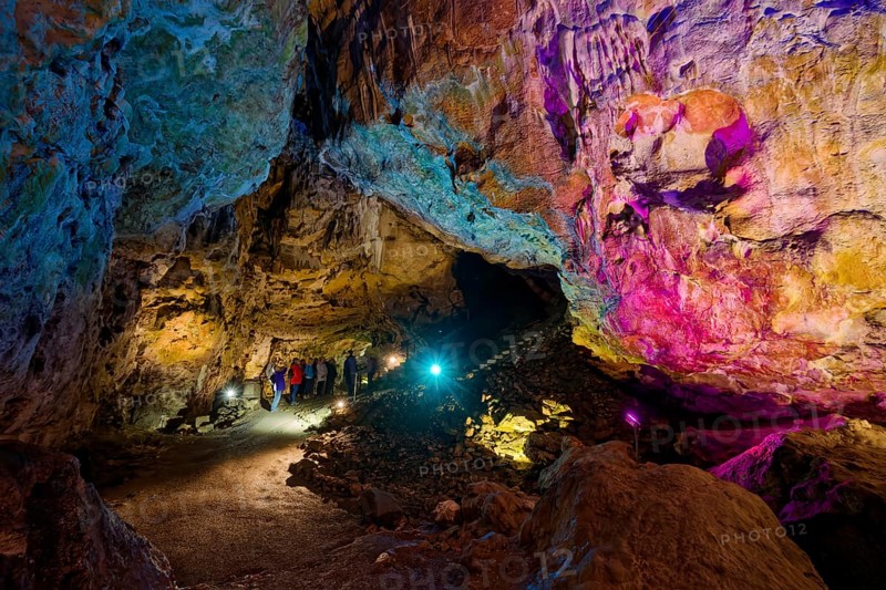 Coloured lighting, fog cave, stalactite cave in the Swabian Jura, stalactites, stalactite forest, interior view, Lichtenstein, Baden-Württemberg, Germany
