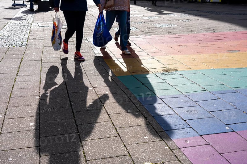 Shadows of passers-by shopping in the city center, Essen, North Rhine-Westphalia