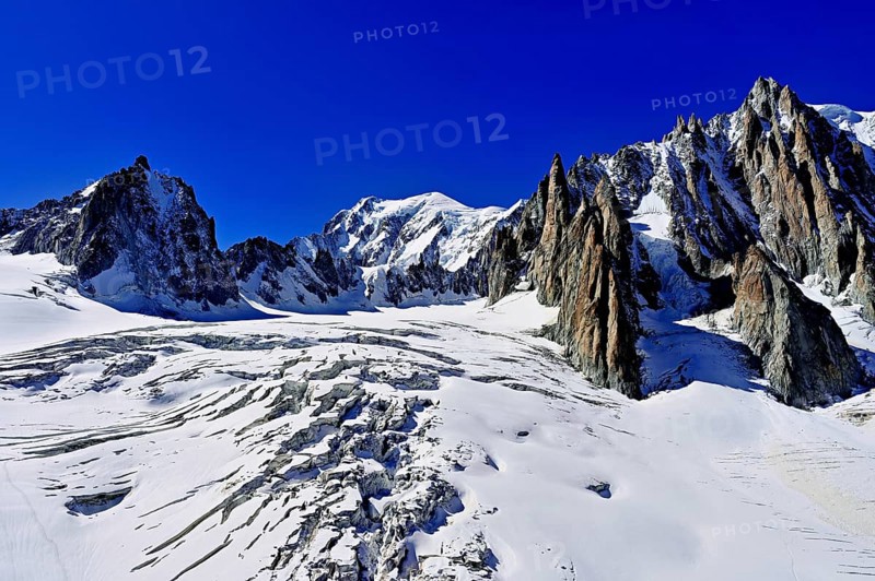 View of the mountains from the Télécabine Panorama Railway, La Tour Ronde, Mont Blanc, Le Mont Blanc du Tacul, in the foreground the glacier du Géant, Chamonix-Mont-Blanc, Haute-Savoie, France