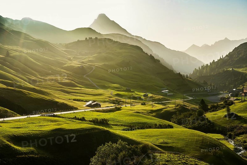 Mountain landscape, sunrise, Hochtannbergpass, Biberkopf, Warth, Bregenzerwald, Vorarlberg, Alps, Austria