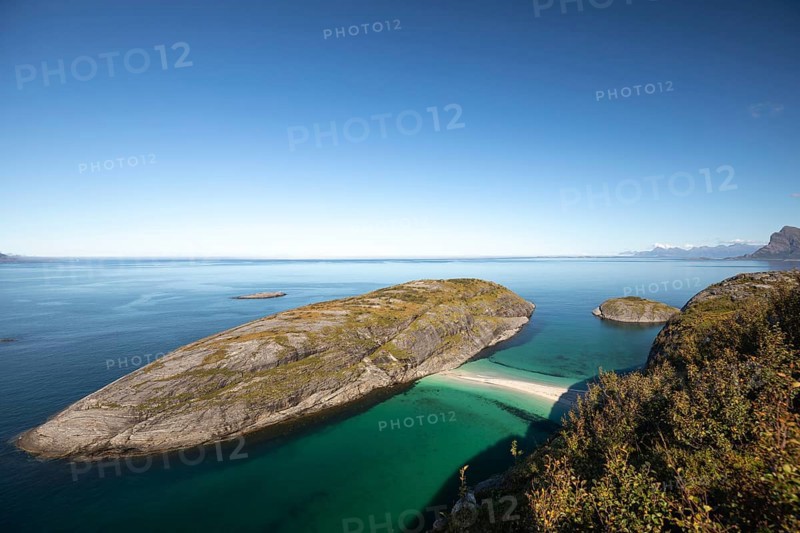 Sunny day and turquoise blue sea at Hovdsundet near Bodø, Nordland, Norway