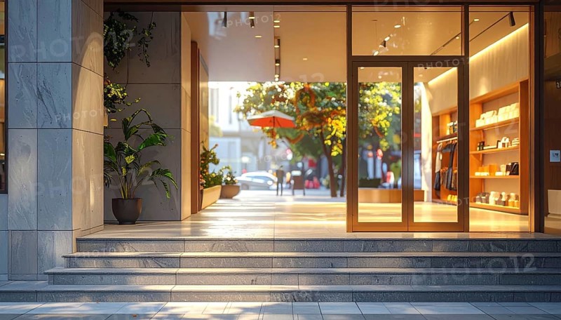 Modern building entrance with stairs, glass facade, and plants in warm evening light, empty storefront entrance with a gently stairs access, modern building with glass facade, blurred background, soft sunlight at evening, no people, AI generated