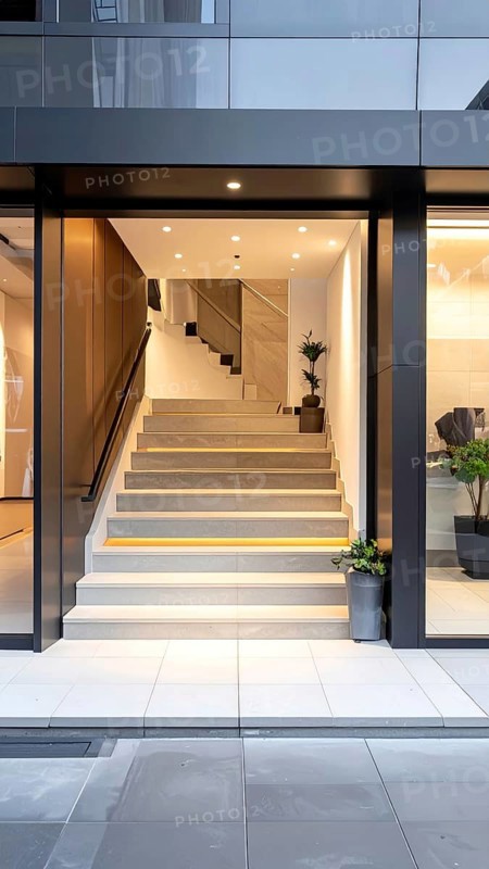Modern building entrance with stairs, glass facade, and plants in warm evening light, empty storefront entrance with a gently stairs access, modern building with glass facade, blurred background, soft sunlight at evening, no people, AI generated