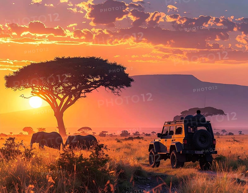 African savannah sunrise with a jeep safari and elephants, AI generated