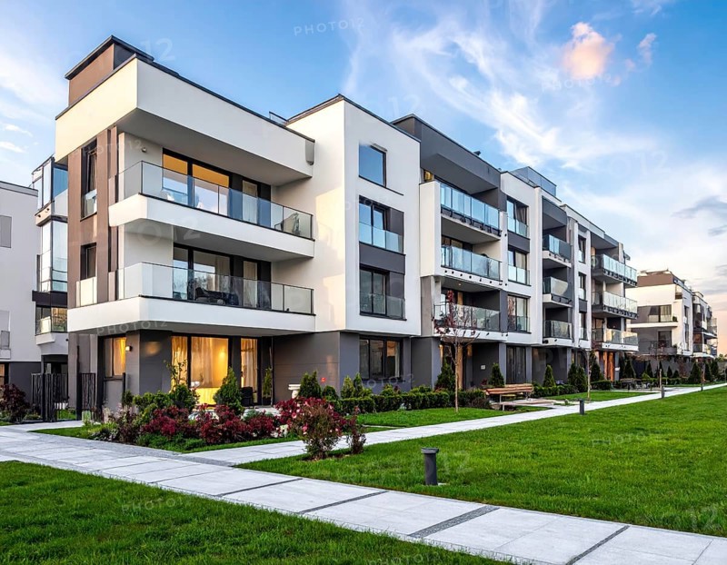 New modern block of flat, condo architecture, Residential apartment as a flat, luxury house complex, City real estate property, green garden plants in front, clear blue sky with golden evening light, AI generated