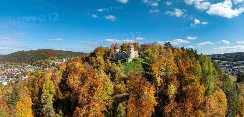Aerial view, panorama of the ruins of Honburg Castle on the Honberg above the town of Tuttlingen, surrounded by autumn vegetation, Tuttlingen district, Black Forest, Baar, Heuberg, Baden-Württemberg, Germany