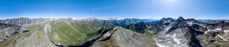 360° alpine panorama, aerial view with summit of Grossvenediger, Venediger Group and Lasörling Group, Hohe Tauern, Austria