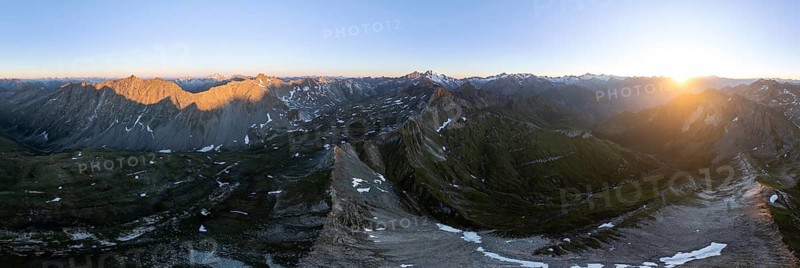 Sunrise 360° Alpine panorama, aerial view of Bachlenkenkopf, summit of the Großvenediger, Venediger Group and Lasörling Group, Hohe Tauern, Austria
