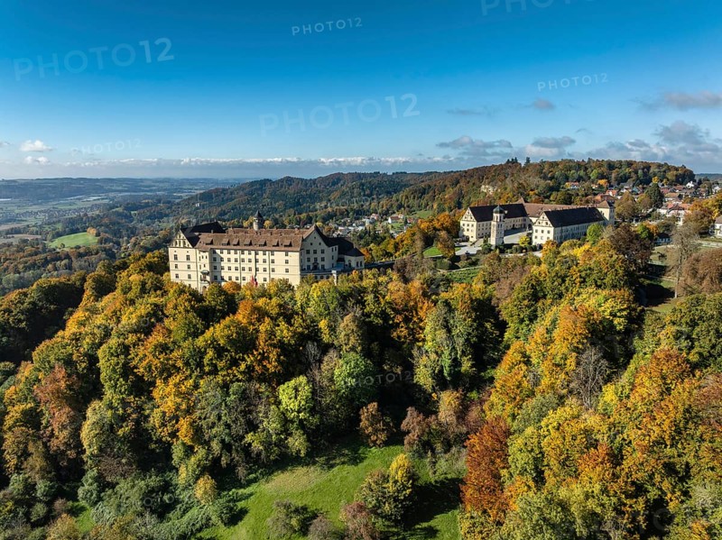 Aerial view of Heiligenberg Castle, a Renaissance-style palace complex, Tübingen administrative district, Lake Constance, Linzgau, Baden-Württemberg, Germany
