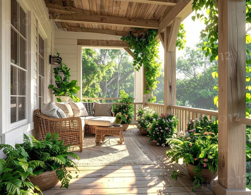 An eco-friendly porch designed for sustainable living in an environmentally-conscious home, lush greenery, landscape bathed in warm sunlight, AI generated