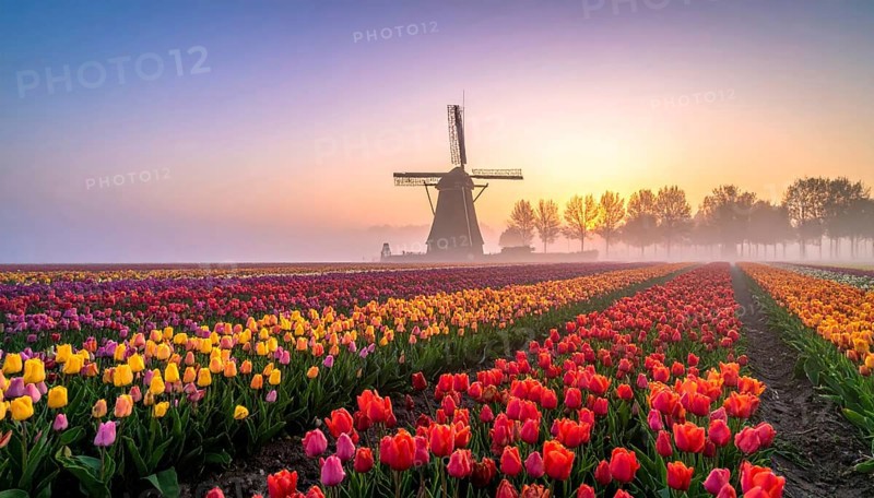 Fog covered landscape in sunrise with tulip fields and windmill in background, AI generated