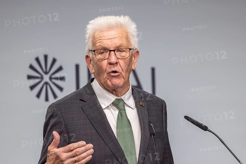 Winfried Kretschmann (Greens), Minister-President of Baden-Württemberg. portrait at the lectern with free text space. ground-breaking ceremony ceremony for the Innovation Park for Artificial Intelligence (IPAI), Heilbronn, Baden-Württemberg, Germany