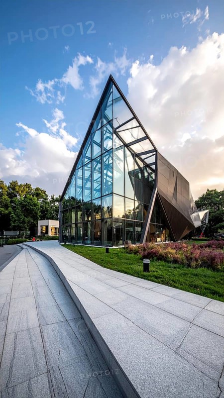 Modern architectural framework with glass and steel structure, glass facade with a greed of steel arrows, blue sky with a soft golden light of a sunrise, AI generated