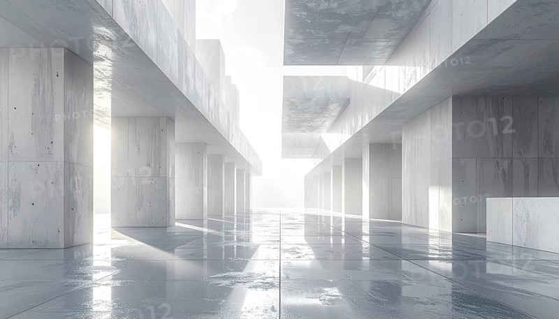3d illustration of abstract modern architecture background, Minimal geometry architectural design, futuristic car presentation backdrop with empty concrete floor and clear simple lines, white and grey color tones, AI generated