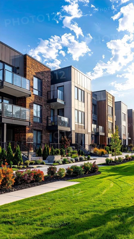 Modern apartment building with balconies and well-kept landscaping at sunset, Modern multifamily housing property with brick, siding facade features balconies, manicured lawns. Contemporary residential buildings offer urban living spaces, condominium options in scenic town, blue sky with a colorful sunrise, AI gererated, AI generated