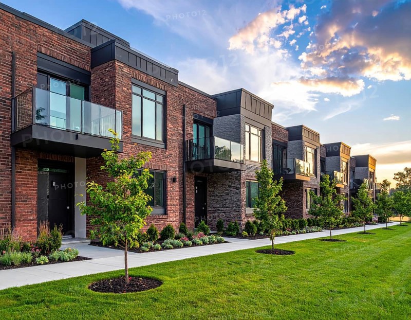 Modern apartment building with balconies and well-kept landscaping at sunset, Modern multifamily housing property with brick, siding facade features balconies, manicured lawns. Contemporary residential buildings offer urban living spaces, condominium options in scenic town, blue sky with a colorful sunrise, AI gererated, AI generated