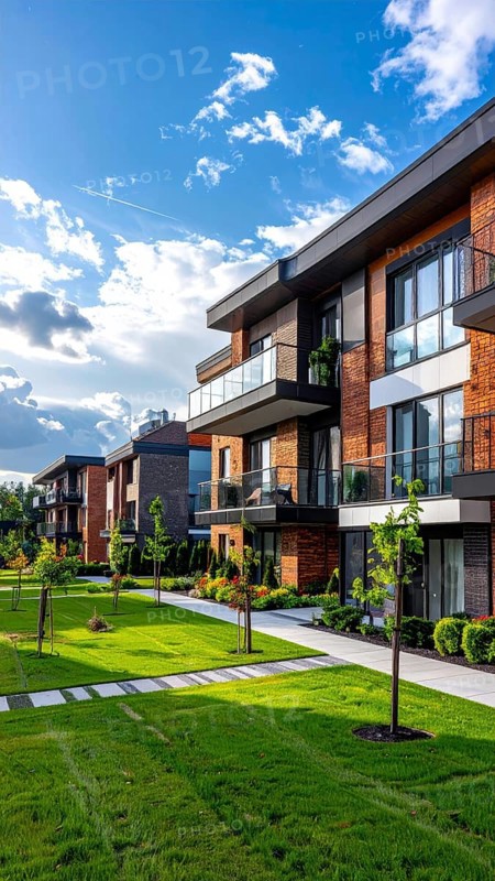 Modern apartment building with balconies and well-kept landscaping at sunset, Modern multifamily housing property with brick, siding facade features balconies, manicured lawns. Contemporary residential buildings offer urban living spaces, condominium options in scenic town, blue sky with a colorful sunrise, AI gererated, AI generated