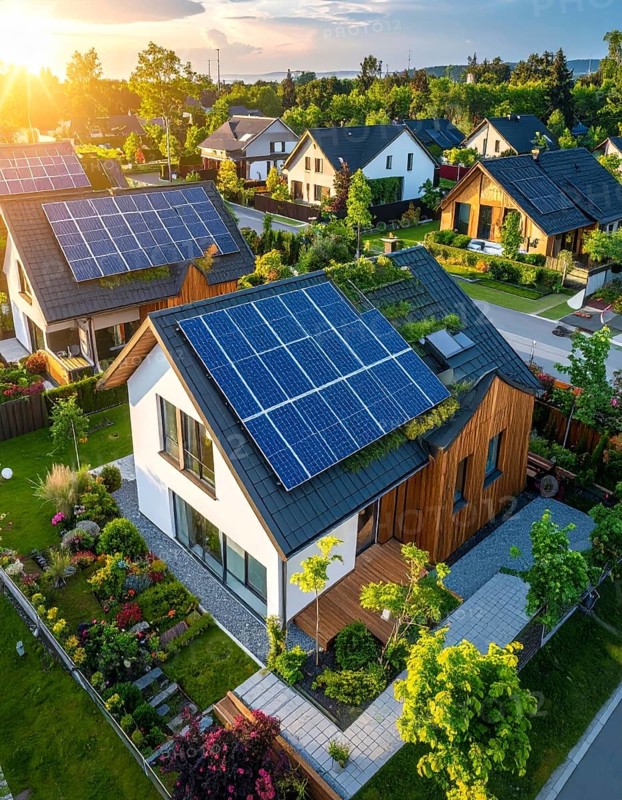 Aerial view showcases modern houses with solar panels and green roofs in a suburban setting, vibrant sunrise with blue sky, AI generated