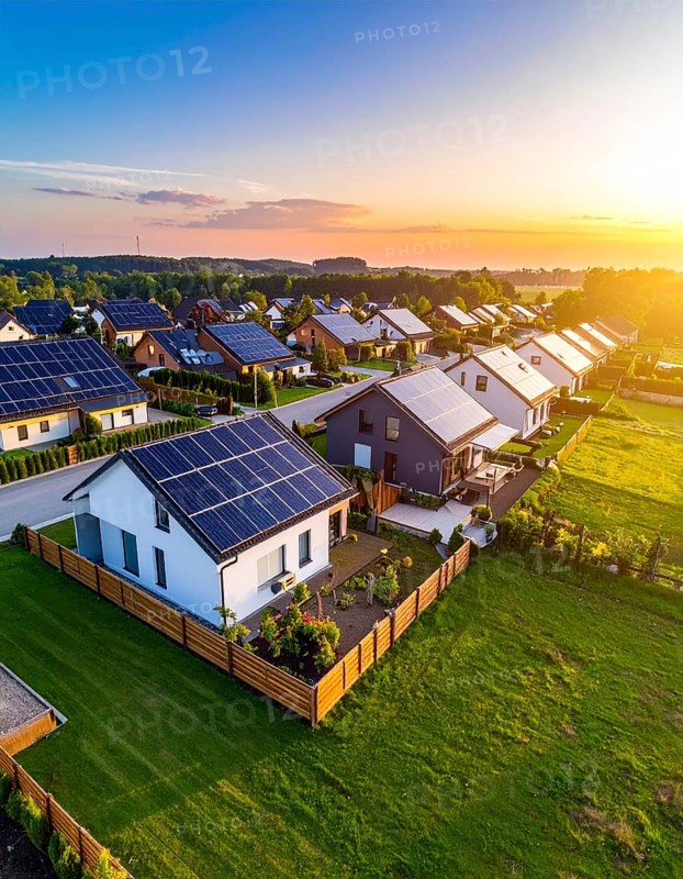 Aerial view showcases modern houses with solar panels and green roofs in a suburban setting, vibrant sunrise with blue sky, AI generated