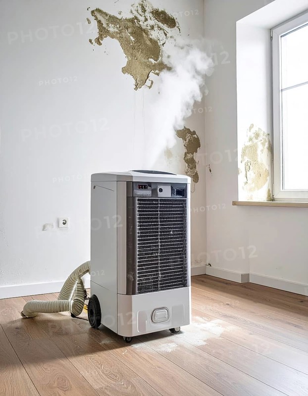 A specialized dehumidifier operates in a mold-infested room following water damage, Shell construction at construction site, AI generated