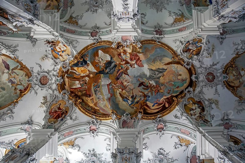 St. George and James Catholic Church, interior view, ceiling frescoes, Isny, Allgäu, Baden-Württemberg, Germany