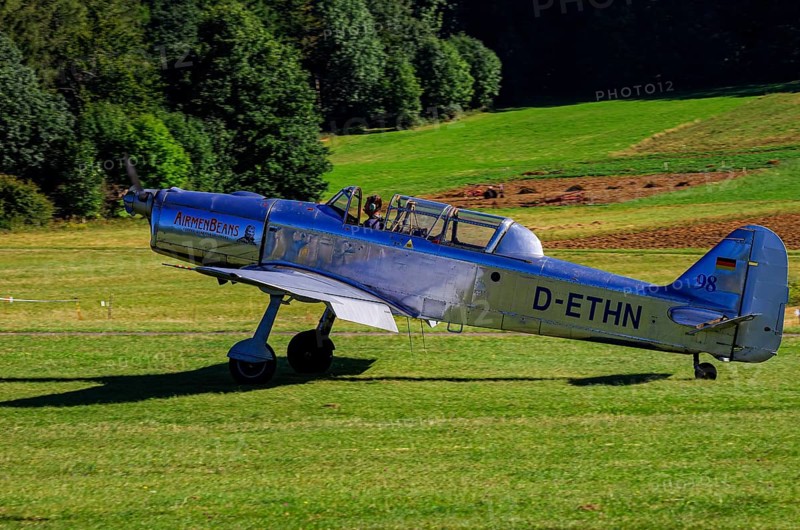 A Pilatus P-2 from Pilatus Flugzeugwerke AG with registration D-ETHN during a flight demonstration as part of an air show on Rossfeld in Metzingen-Glems, Baden-Württemberg, Germany, for editorial use only