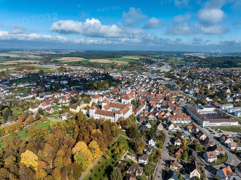 Aerial view of the city of Messkirch with Messkirch Castle and Castle of the Counts of Zimmern, Sigmaringen district, Baden-Württemberg, Germany