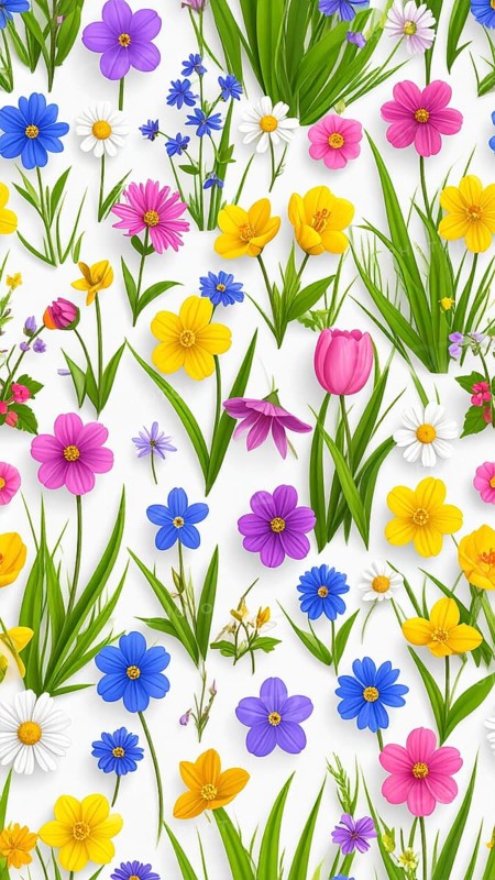 Vibrant wildflowers and grass create a colorful and joyful floral pattern, Variety of wild flowers, spring plant and grass seamless pattern, vibrant realistic vector illustration wallpaper, a spring natural colorful background as template or poster, AI generated