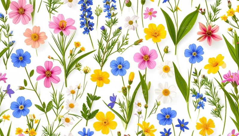 Vibrant wildflowers and grass create a colorful and joyful floral pattern, Variety of wild flowers, spring plant and grass seamless pattern, vibrant realistic vector illustration wallpaper, a spring natural colorful background as template or poster, AI generated