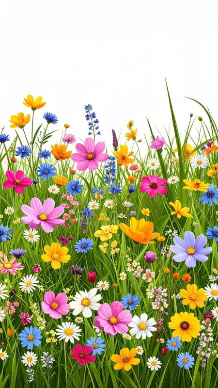 Vibrant wildflowers and grass create a colorful and joyful floral pattern, Variety of wild flowers, spring plant and grass seamless pattern, vibrant realistic vector illustration wallpaper, a spring natural colorful background as template or poster, AI generated