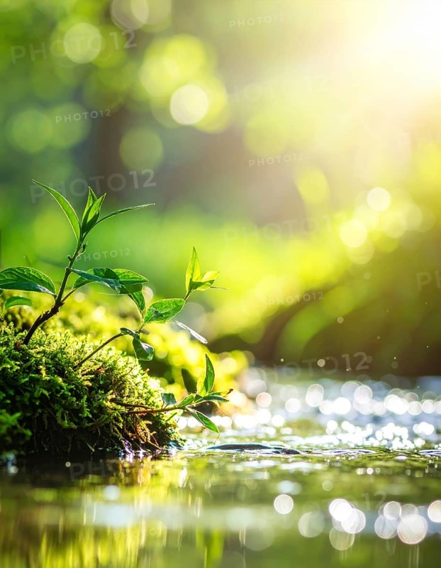 Beautiful spring detailed stream of fresh water, vibrant blooming young green plants, wallpaper banner for springtime and summer nature concept, AI generated