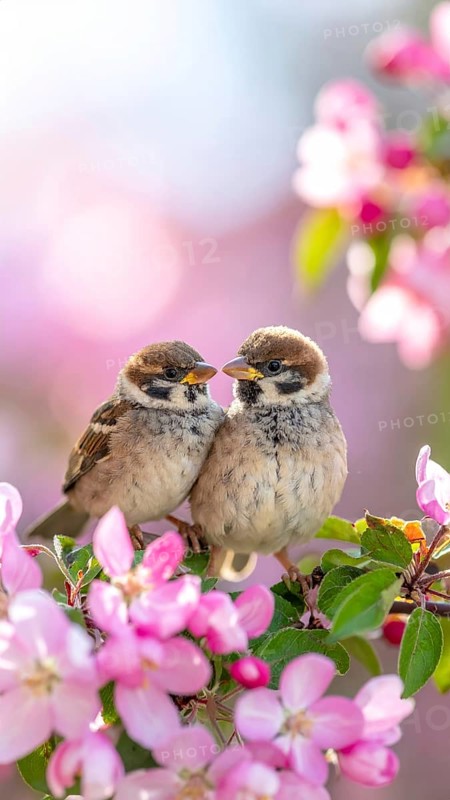 Small funny Sparrow Chicks sit in the garden surrounded by pink Apple blossoms on a Sunny may day, AI generated