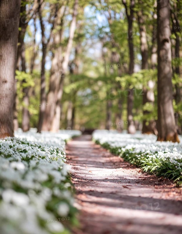 A tranquil forest path lined with white flowers, surrounded by tall trees and bathed in soft sunlight, Pathway through the forest with blooming wild garlic (Allium ursinum) sunny summer day, AI generated
