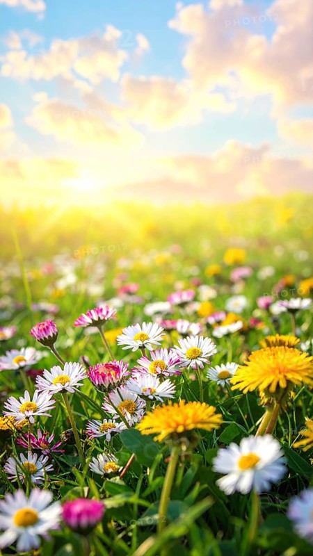 A sunny meadow with daisies in full bloom under bright sunlight, creating a vibrant and cheerful atmosphere, Blooming meadow with lots of white and pink spring daisy flowers and yellow dandelions, sunny day with blue clear sky, beautiful landscape in blurred background, fresh spring and summer nature concept, AI generated