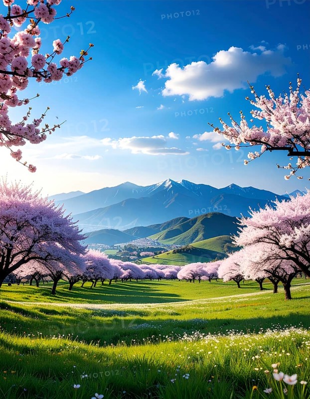 Landscape with a blooming apricot tree, idilyc spring nature, green grass and mountains in background, blue cloudy sky in sunset web banner spring time concept, AI generated
