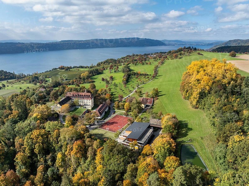 Aerial view of Lake Constance, Überlinger See, surrounded by autumn vegetation with Spetzgart Castle, Salem International College, Bodanrück on the horizon, Lake Constance District, Baden-Württemberg, Germany