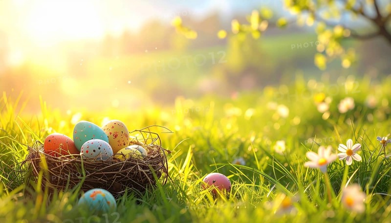 Nest with easter eggs in a basket on grass, sunny spring day, fresh beautiful landscape at daylight, soft focus for calm scenery, festive Easter decoration, wallpaper illustration banner, panorama, background, AI generated