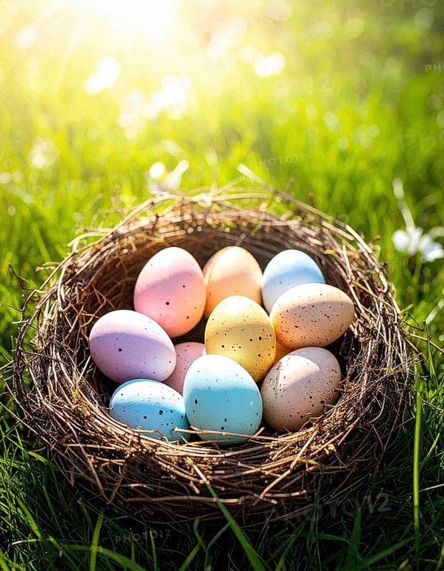 Nest with easter eggs in a basket on grass, sunny spring day, fresh beautiful landscape at daylight, soft focus for calm scenery, festive Easter decoration, wallpaper illustration banner, panorama, background, AI generated