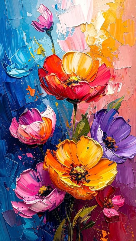 Closeup of abstract rough colorful multicolored organic floral spring flowers art painting texture, with oil acrylic brushstroke, pallet knife paint on canvas wallpaper, AI generated