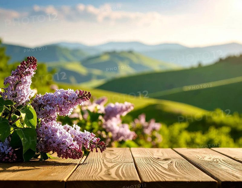 Beautiful Spring Lilacs Bloom Over Wooden Table with Rolling Hills in Background, sunrise at horizon, AI generated