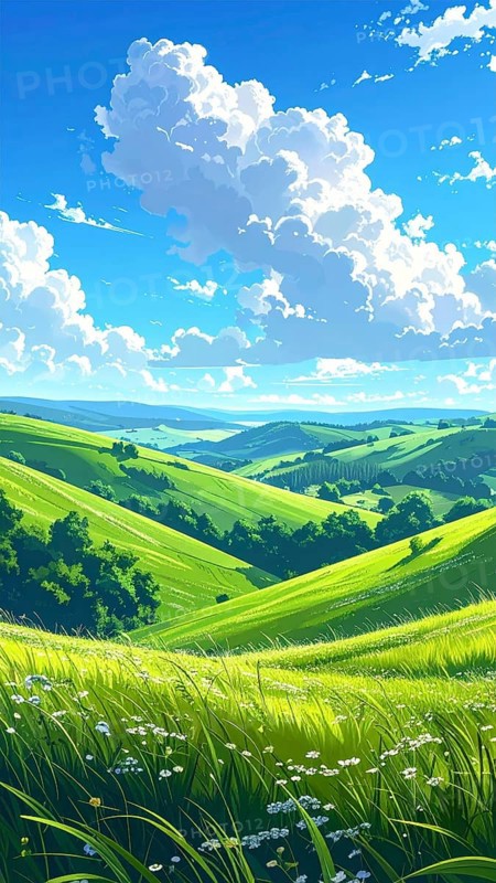 Fresh summer hilly Landscape with blooming Meadow, green plants, Blue Sky with cloudy sky, serene nature background, abstract vector illustration, AI generated