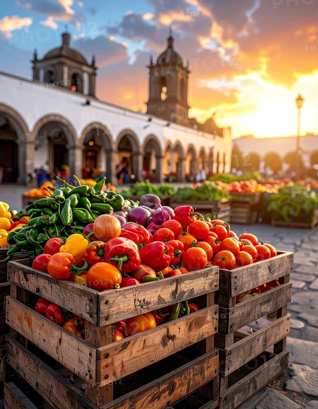 Traditional Mexican plaza with crates of peppers, onions, and tomatoes, economic prosperity in local trade, travel destination in America, AI generated