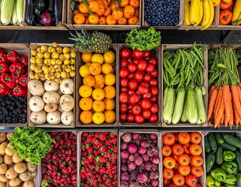 Fresh fruits and vegetables in a market display, aerial view perpendicular top down, healthy eating and lifestyle, AI generated