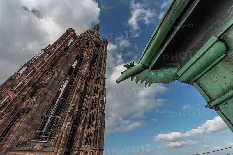 Strasbourg's Gothic cathedral stands majestically under a cloudy sky. In the background is an ornate and detailed iron gargoyle, which gives the scene a unique charm. Bas Rhin, Alsace, France