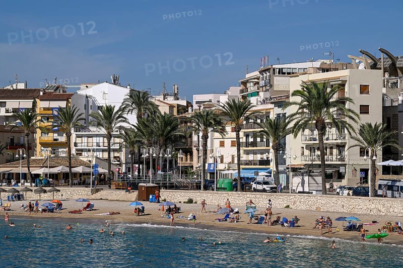 View of the beach and old town of Jávea or Xàbia, Alicante Province, Comunidad Valenciana, Spain